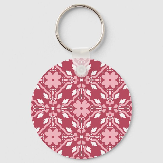 Red, beige floral, seamless wallpaper pattern. key ring (Front)