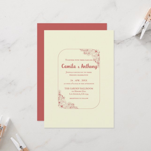Red Beige Flower Border Boho Rustic Wedding Invitation (Front/Back In Situ)