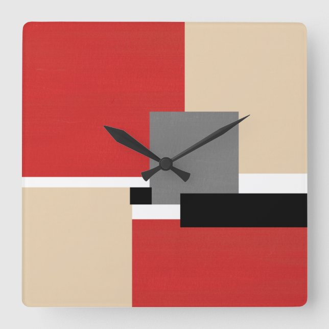 Red Beige Gray Black White Geometric Square Wall Clock (Front)