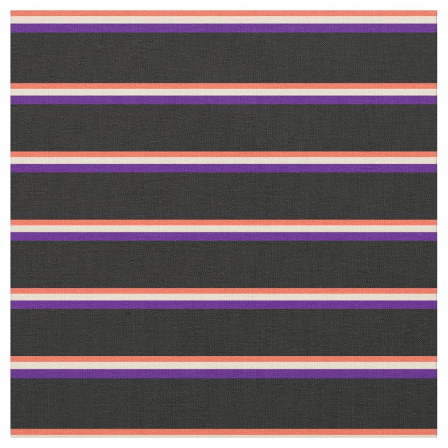 Red, Beige, Indigo, and Black Lines Pattern Fabric (Close Up)