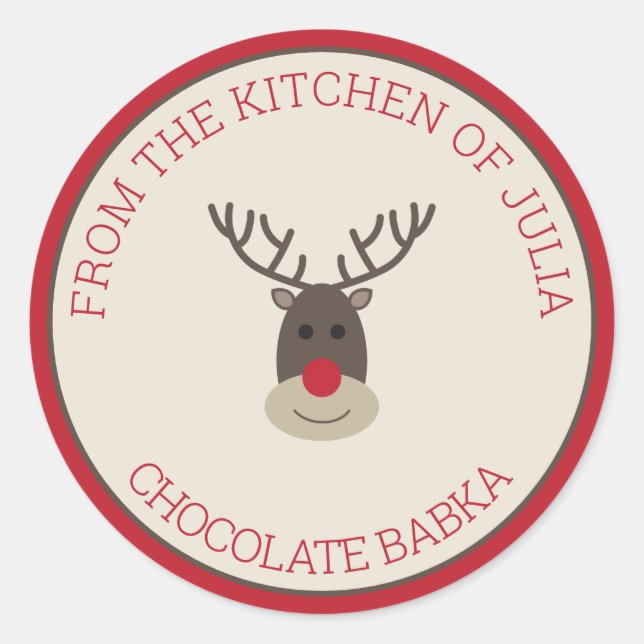 Red Beige Merry Christmas Rudolph Holiday Baking Classic Round Sticker (Front)