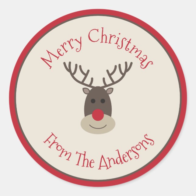 Red Beige Merry Christmas Sticker with Rudolph (Front)