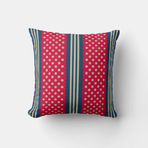 Red & Beige Polka Dots Navy Blue Stripes Pattern Cushion