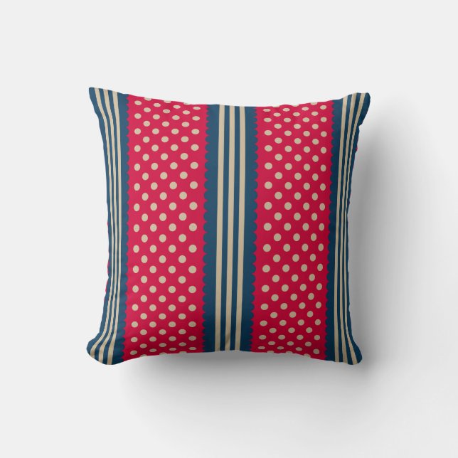 Red & Beige Polka Dots Navy Blue Stripes Pattern Cushion (Front)
