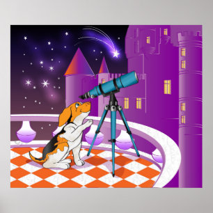 Red beige puppy and telescope poster