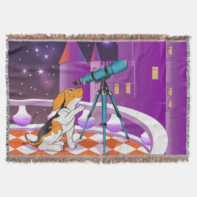 Red beige puppy and telescope throw blanket (Front)