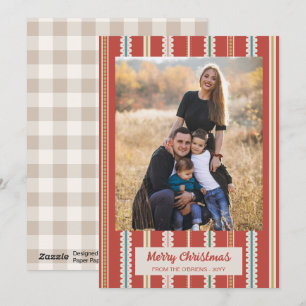 Red Beige Scalloped Stripes Photo Merry Christmas Holiday Card