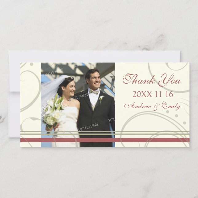 Red Beige Swirl Thank You Wedding Photo Cards (Front)