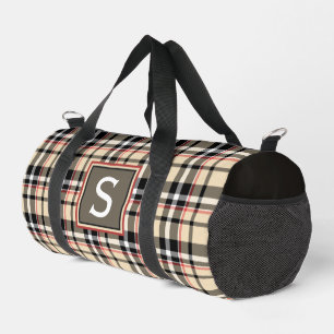 Red Beige Tan Black White Scots Clan Plaid Pattern Duffle Bag