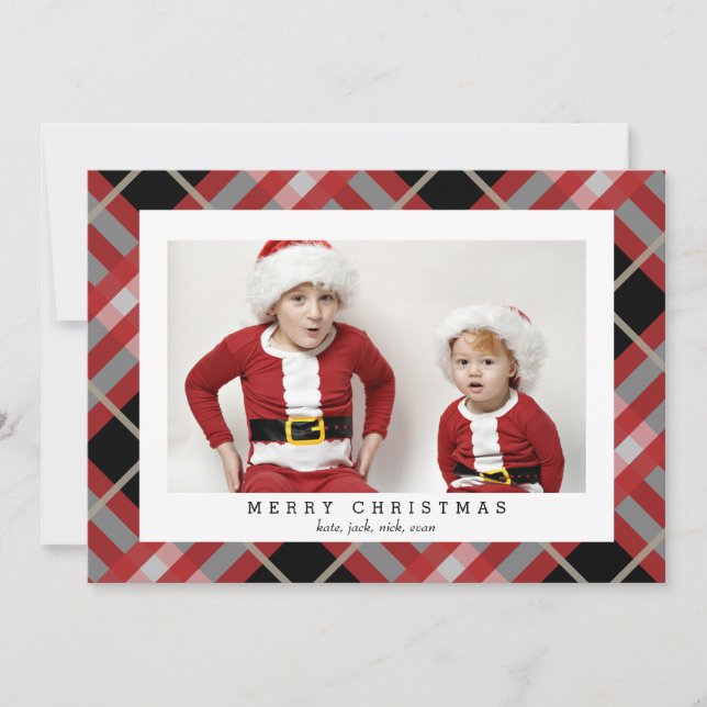 Red Beige Tartan Plaid Photo Card for Christmas (Front)
