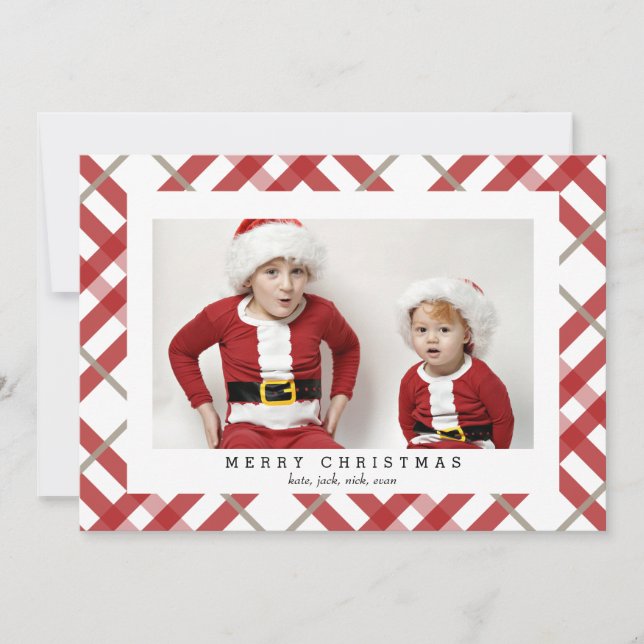 Red Beige Tartan Plaid Photo Card for Christmas (Front)