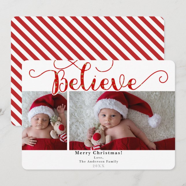 Red Believe Christmas Holiday 2 Photos Photo Invitation (Front/Back)