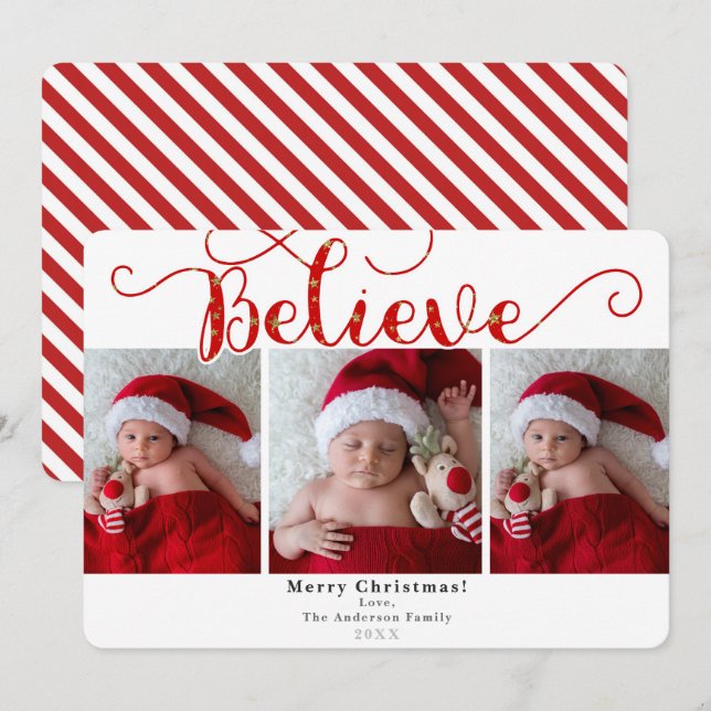 Red Believe Christmas Holiday 3 Photos Photo Invitation (Front/Back)