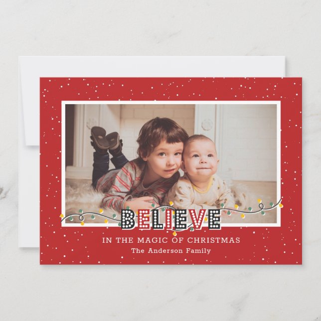 Red Believe In the Magic Photo Christmas Cards (Front)