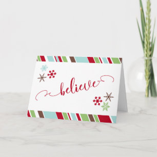 Red "Believe" Script Snowflakes & Diagonal Stripes Holiday Card