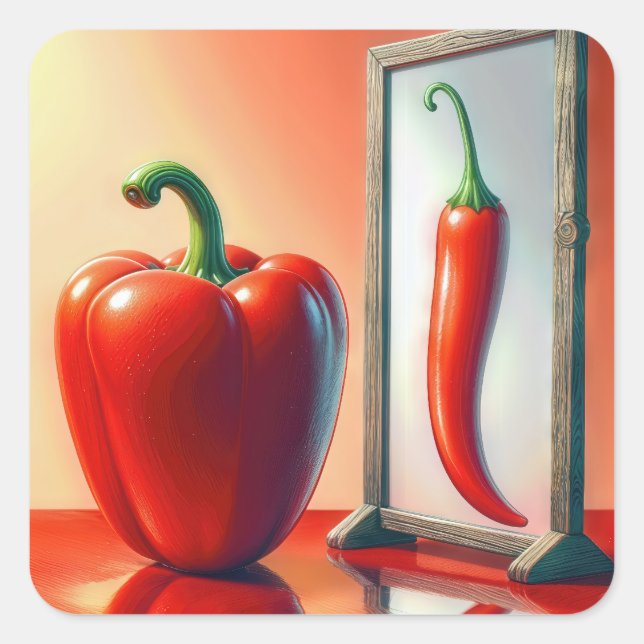 Red Bell Pepper Looking In a Mirror Square Sticker (Front)