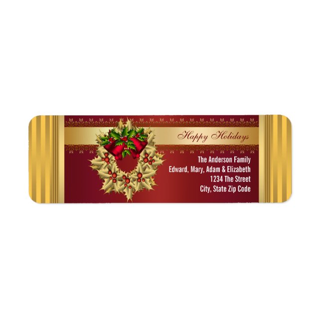 Red Bells Gold Holly Red Christmas Address Labels (Front)