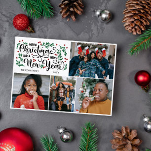 Red Berries 4 Photo Merry Christmas Happy New Year Holiday Card