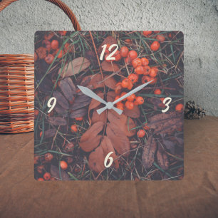Red berries and brown autumn leaves  square wall clock