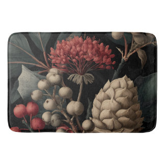 Red Berries and Exotic Seed Pods on Black Bath Mat
