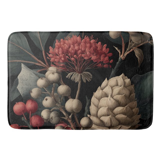 Red Berries and Exotic Seed Pods on Black Bath Mat (Front)