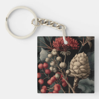 Red Berries and Exotic Seed Pods on Black Key Ring
