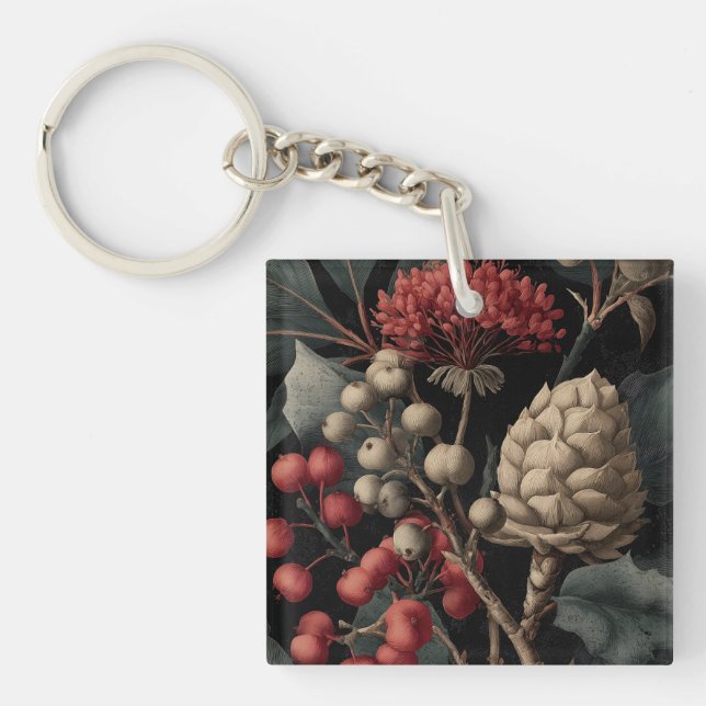 Red Berries and Exotic Seed Pods on Black Key Ring (Front)