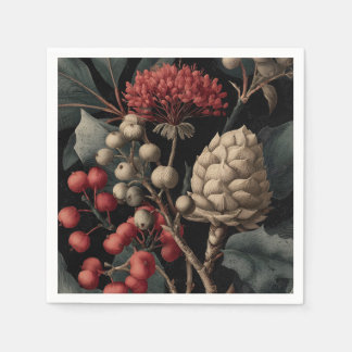 Red Berries and Exotic Seed Pods on Black Napkin