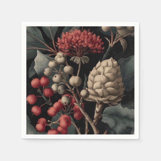 Red Berries and Exotic Seed Pods on Black Napkin (Front)