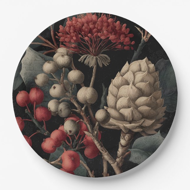 Red Berries and Exotic Seed Pods on Black Paper Plate (Front)