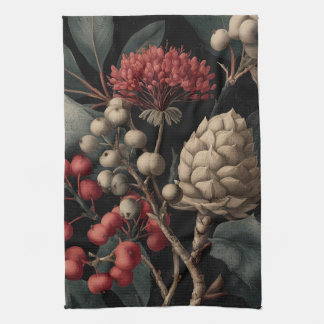 Red Berries and Exotic Seed Pods on Black Tea Towel