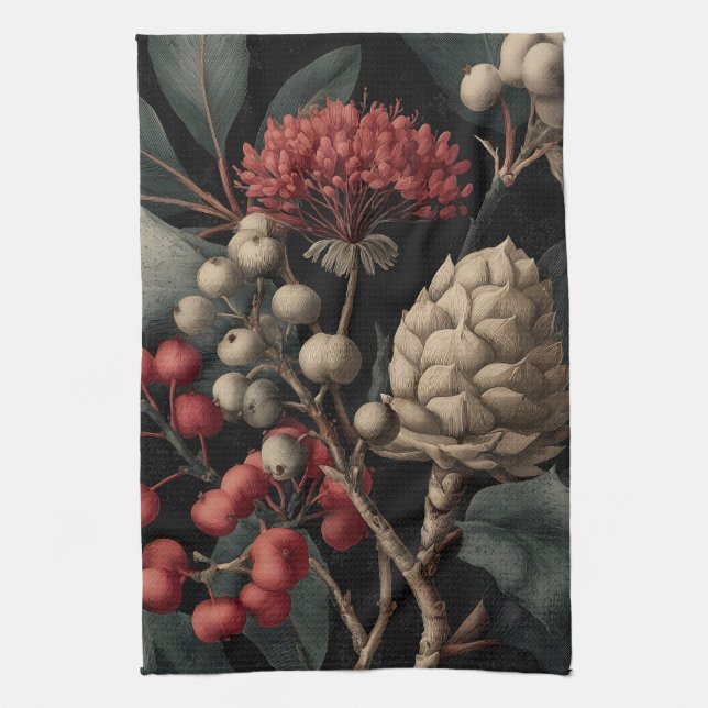 Red Berries and Exotic Seed Pods on Black Tea Towel (Vertical)
