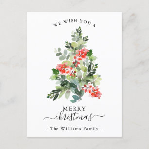 Red Berries and Holly Xmas Tree Merry Christmas Holiday Postcard