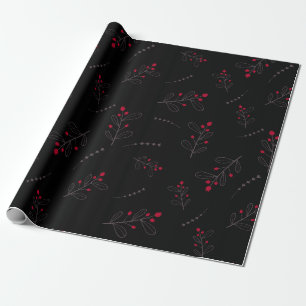 Red Berries and Leaves Christmas Black  Wrapping Paper