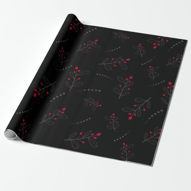 Red Berries and Leaves Christmas Black  Wrapping Paper (Unrolled)