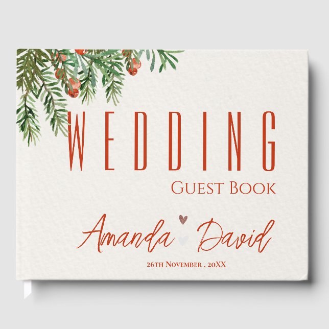 Red Berries And Leaves  Christmas Festive Wedding Guest Book (Front)
