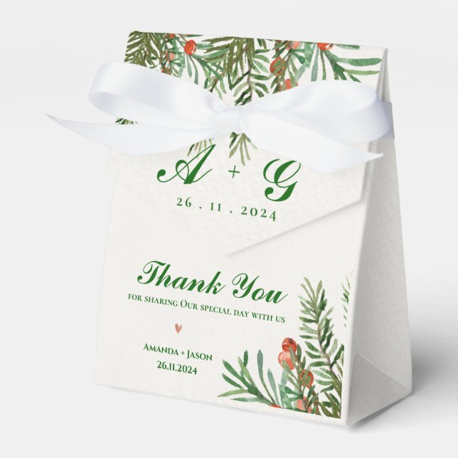 Red Berries And Leaves Festive Christmas Wedding Favour Box (Front Side)