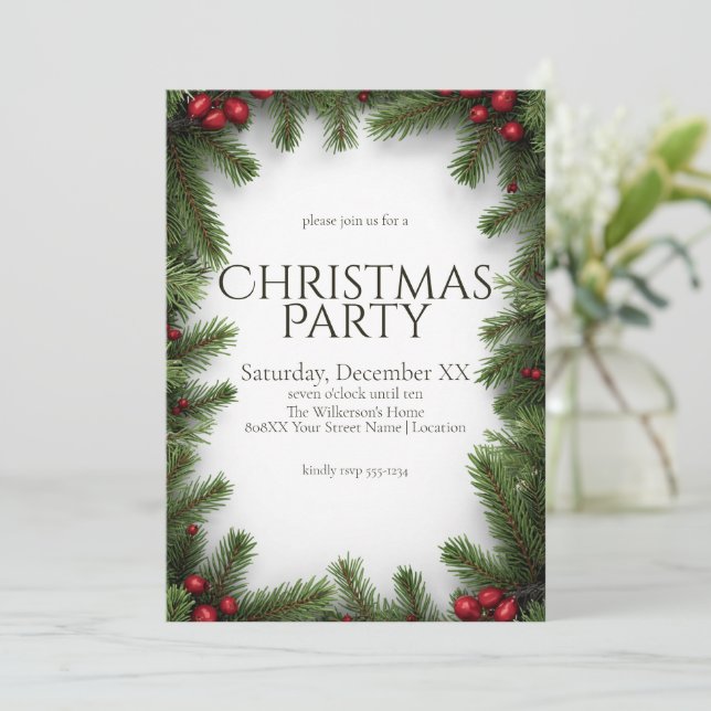 Red Berries and Pine Christmas Party Invitation (Standing Front)