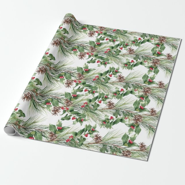 Red Berries and Pine Needles Pinecones Wrapping Paper (Unrolled)
