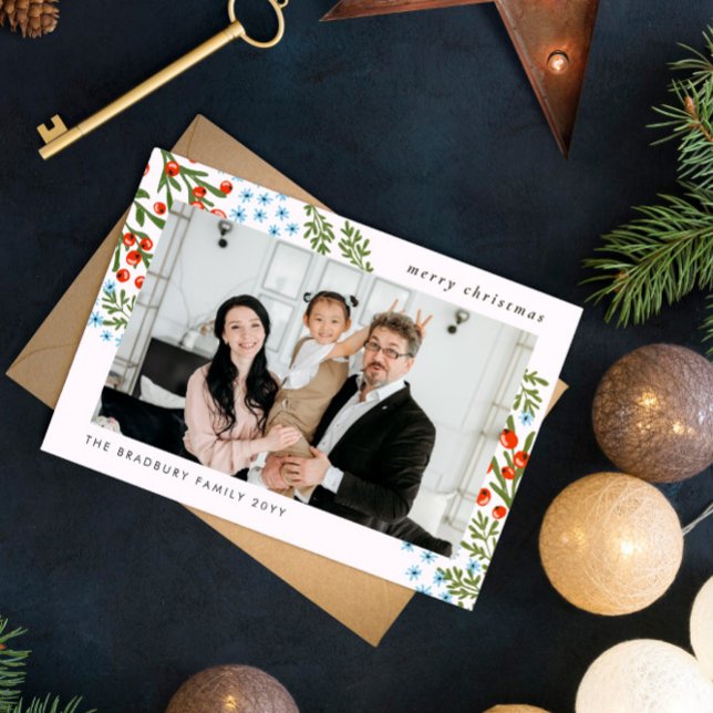 Red Berries Blue Flowers Family Photo Christmas Holiday Card (Creator Uploaded)