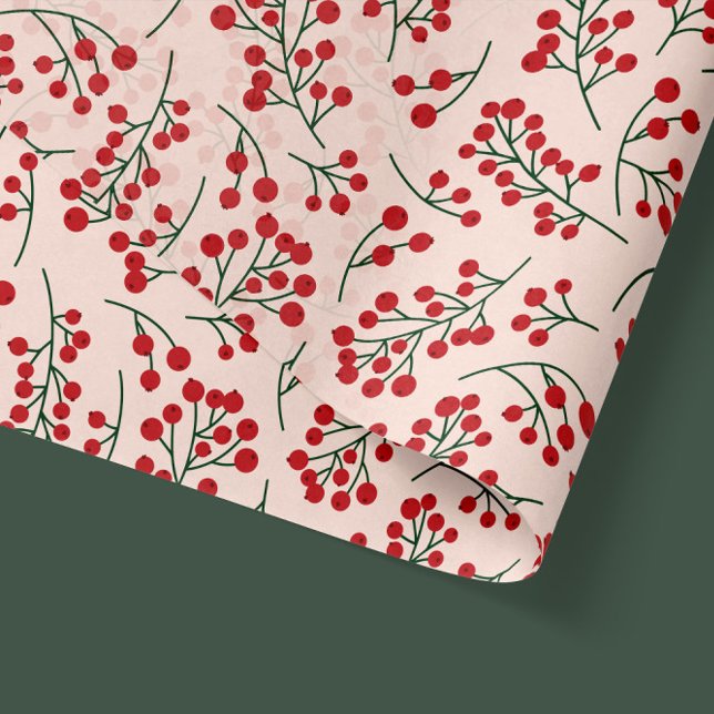 Red Berries Botanical Mistletoe Christmas Tissue Paper (mistletoe red berries Christmas pattern in pink and red - tissue paper transparency)