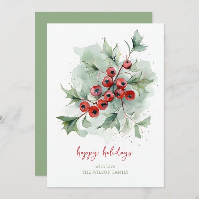 Red Berries Botanical Watercolor Christmas Holiday Card (Front/Back)
