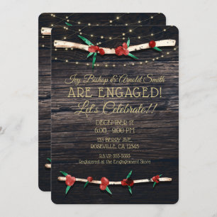 Red Berries Branches & Lights Rustic Engagement Invitation