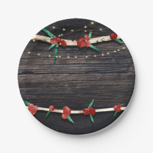 Red Berries Branches & Lights Rustic Holiday Party Paper Plate