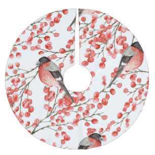 Red Berries Bullfinches Watercolor Pattern Brushed Polyester Tree Skirt