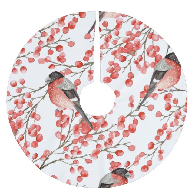 Red Berries Bullfinches Watercolor Pattern Brushed Polyester Tree Skirt (Front)