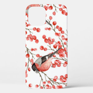 Red Berries Bullfinches Watercolor Pattern iPhone 12 Case