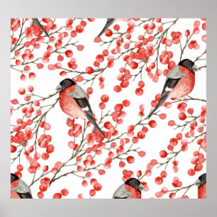 Red Berries Bullfinches Watercolor Pattern Poster
