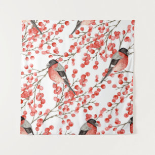 Red Berries Bullfinches Watercolor Pattern Tapestry