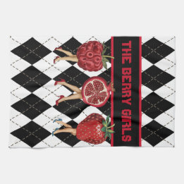 Red Berries Cartoon Ladies On Black & White Plaid Tea Towel